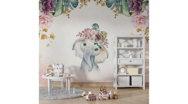 Floral Elephant – Cute Baby Elephant Wallpaper for Kids | Art Vision Decor