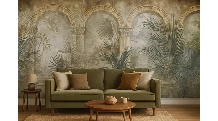 Palms of Arcadia – Tropical Wallpaper with Classical Arches and Palms