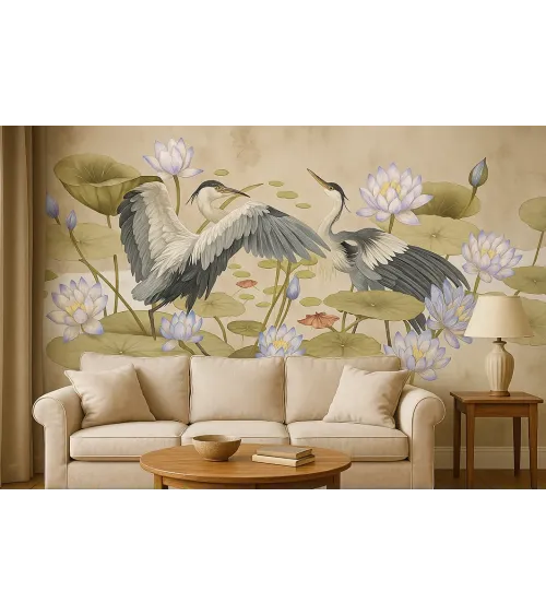 Harmony of Wings – Designer Wallpaper with Herons and Water Lilies