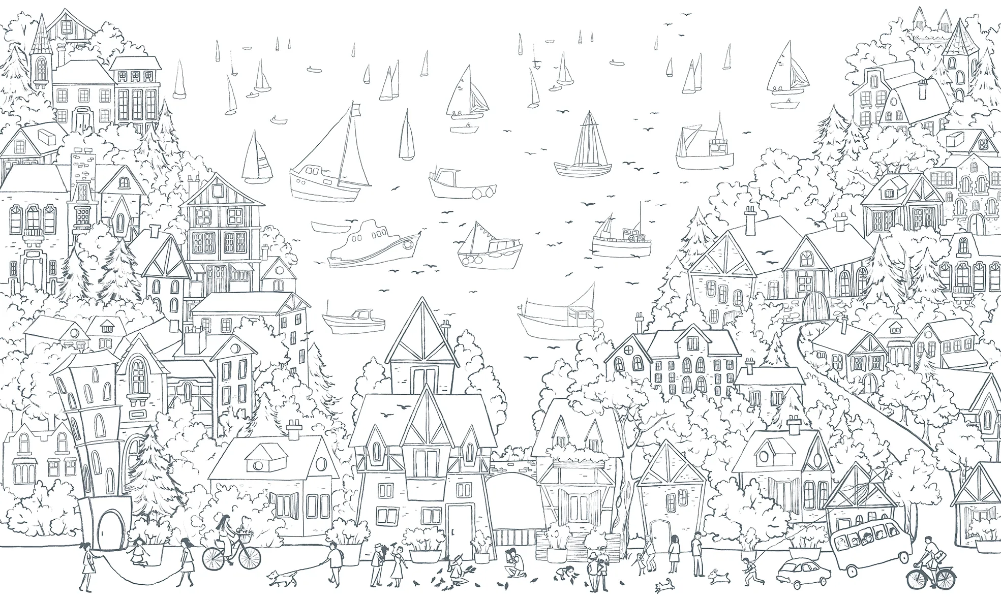 Sailing Town – Kids Wallpaper with Seaside Landscape and Sailboats | Art Vision Decor