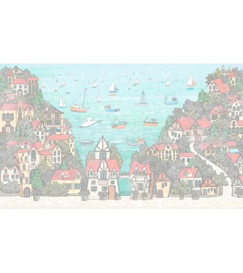 Sailing Town – Kids Wallpaper with Seaside Landscape and Sailboats | Art Vision Decor