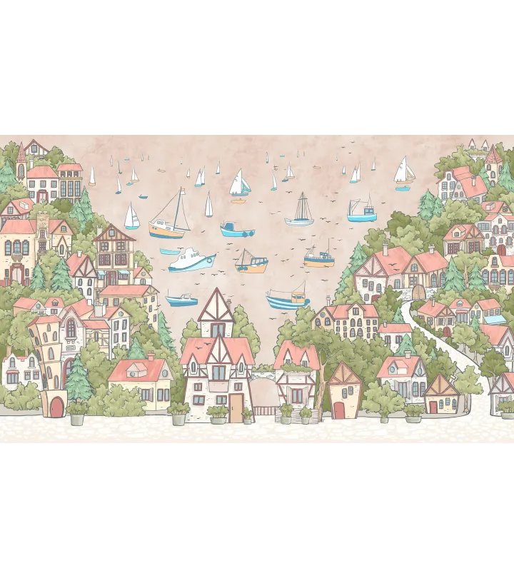 Sailing Town – Kids Wallpaper with Seaside Landscape and Sailboats | Art Vision Decor