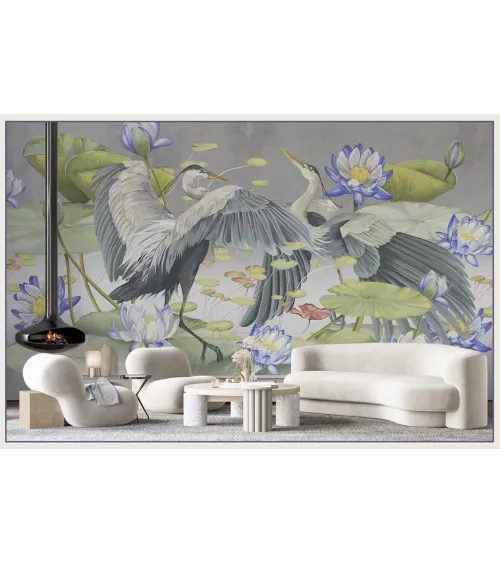Harmony of Wings – Designer Wallpaper with Herons and Water Lilies