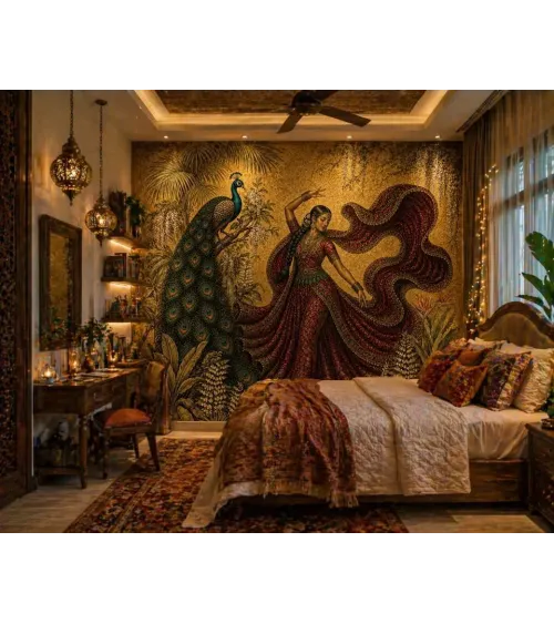 Maharani's Paradise Custom Wallpaper Mural | Luxury Peacock Wall Mural