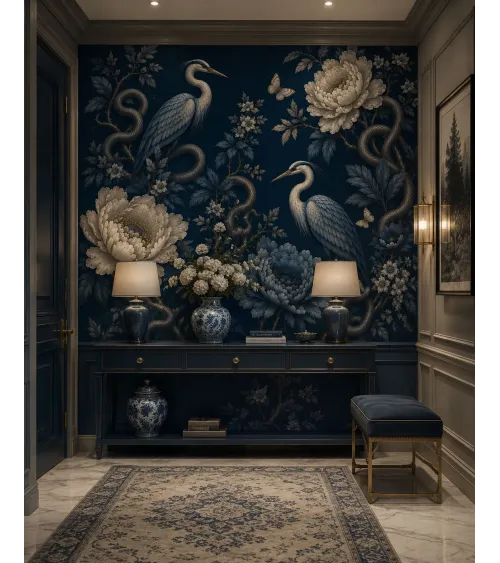 Virelia Luxury Chinoiserie Wallpaper Mural | Custom Navy Blue Heron & Peony Wall Mural