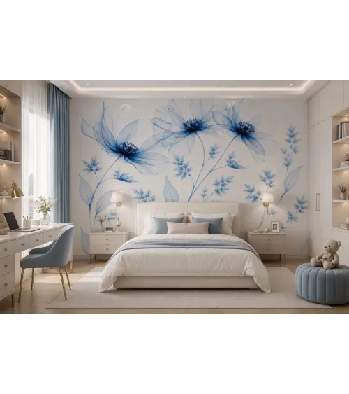 Azure Veil Blue Floral Wallpaper Mural | Elegant Botanical Wall Mural for Luxury Interiors
