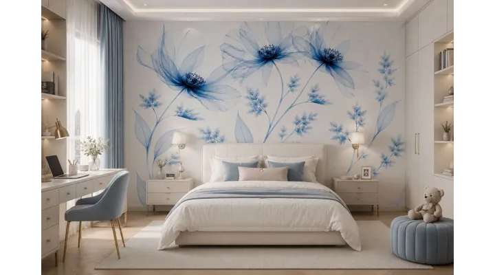 Azure Veil Blue Floral Wallpaper Mural | Elegant Botanical Wall Mural for Luxury Interiors
