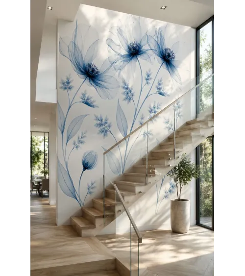 Azure Veil Blue Floral Wallpaper Mural | Elegant Botanical Wall Mural for Luxury Interiors