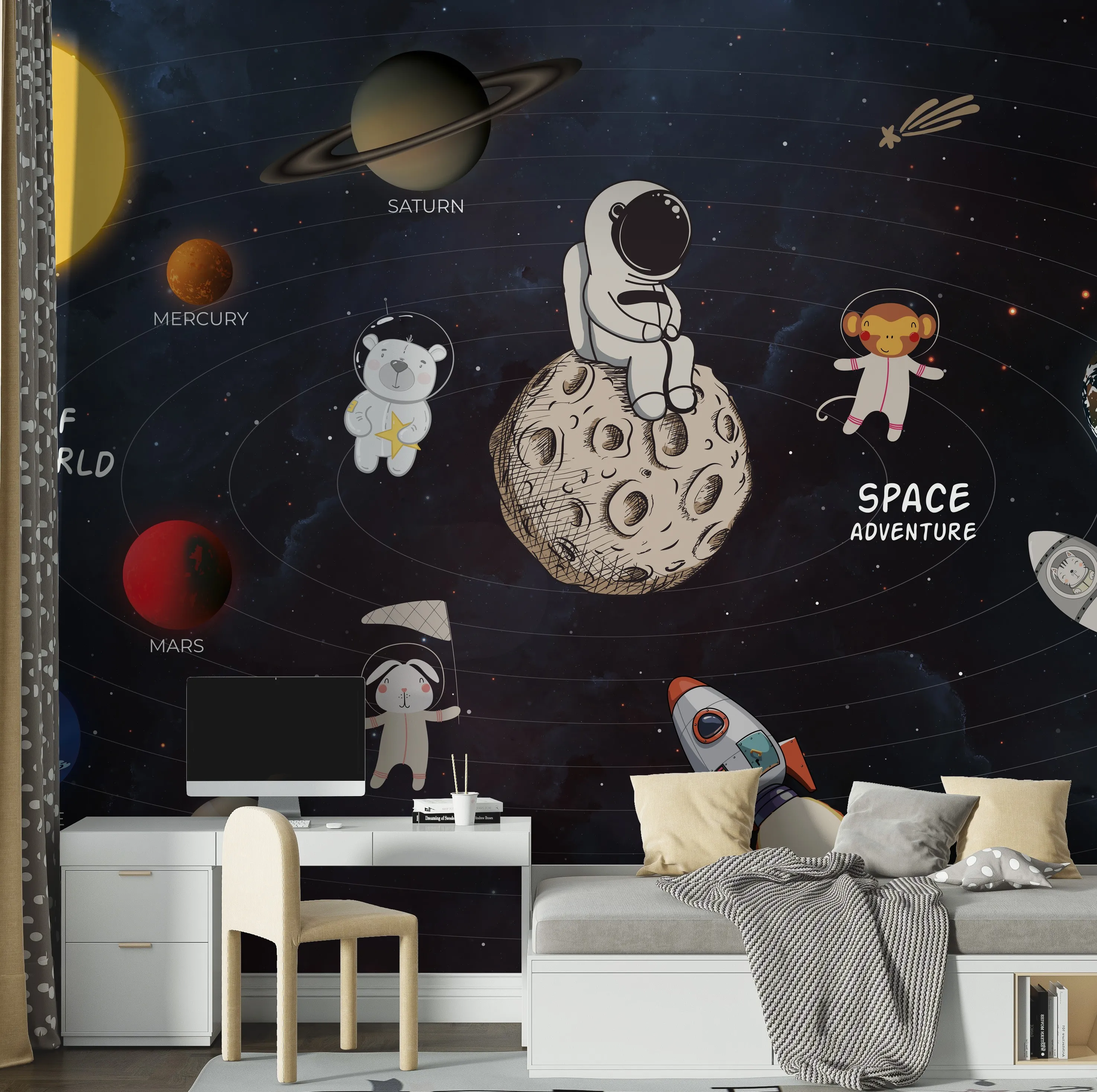 Lunar Expedition – Moon & Astronaut Wallpaper for Kids | Art Vision Decor