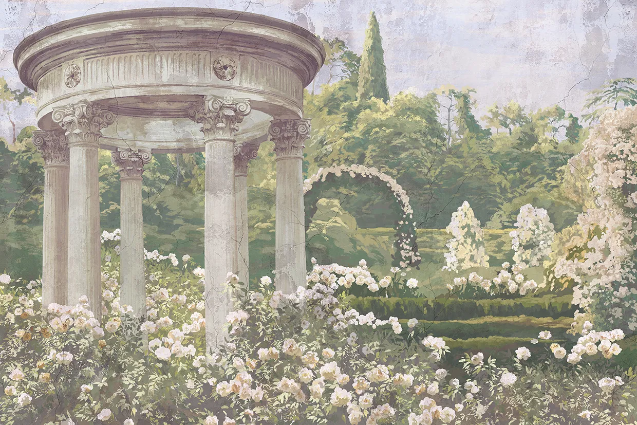 Garden of Serenity – Romantic Garden Mural Wallpaper with Classical Rotunda | ART VISION DECOR