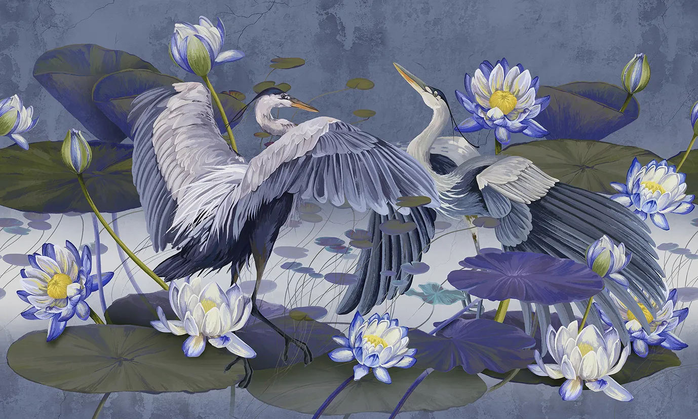 Harmony of Wings – Designer Wallpaper with Herons and Water Lilies