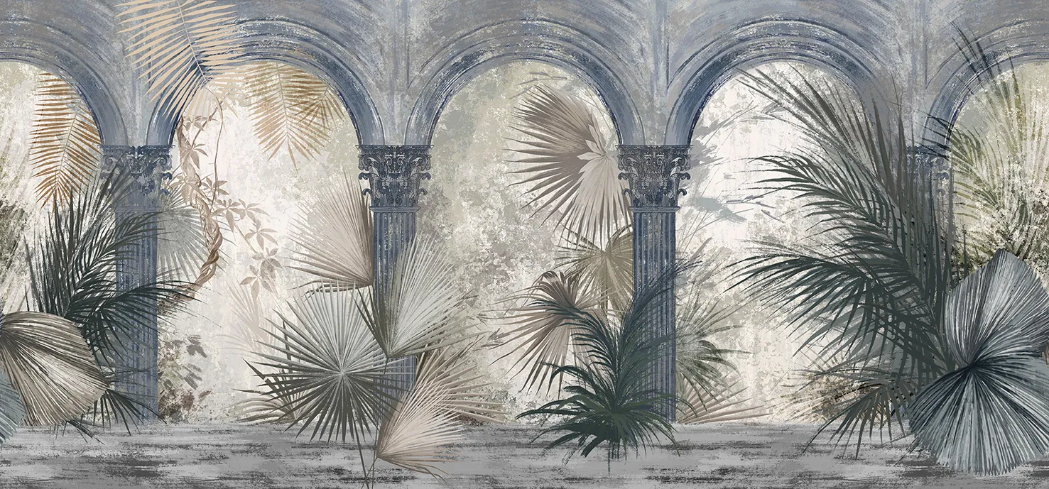 Palms of Arcadia – Tropical Wallpaper with Classical Arches and Palms