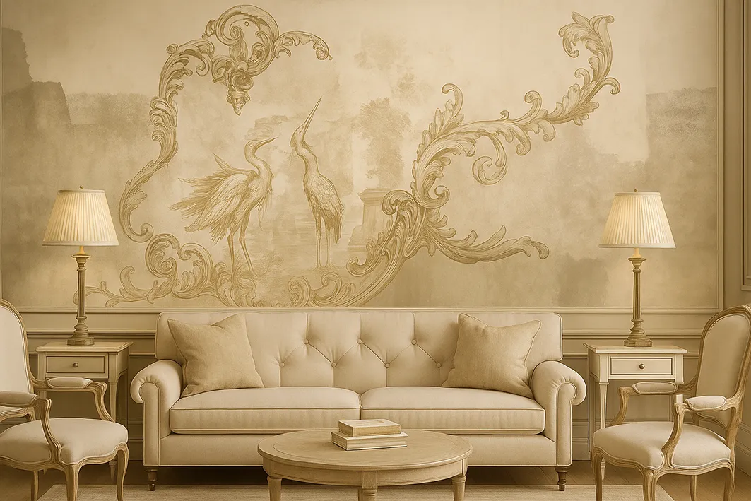 Baroque Flight – Elegant Wallpaper with Herons and Baroque Ornaments