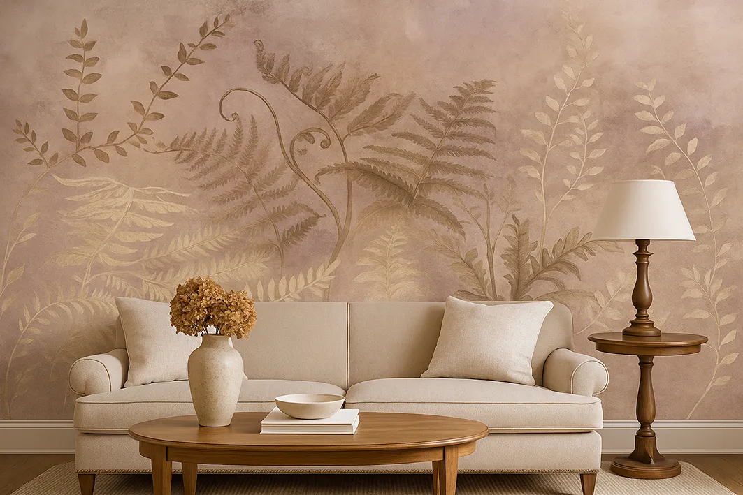 Botanical Haze – Seamless Designer Wallpaper with Ferns and Watercolor Background