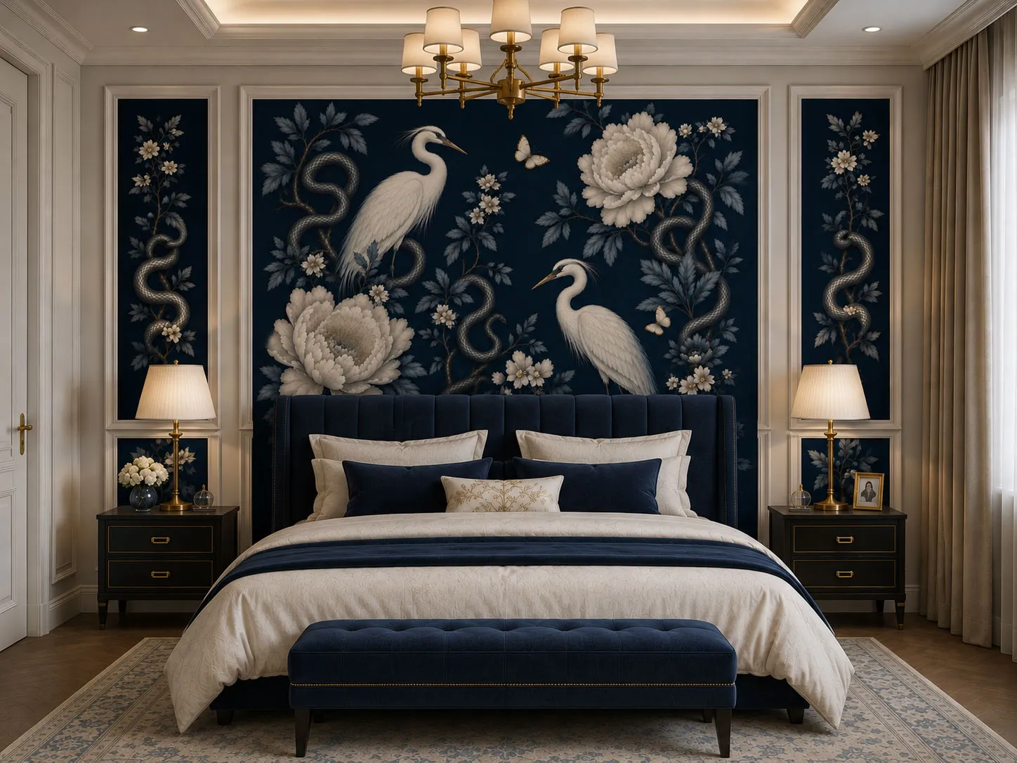 Virelia Luxury Chinoiserie Wallpaper Mural | Custom Navy Blue Heron & Peony Wall Mural