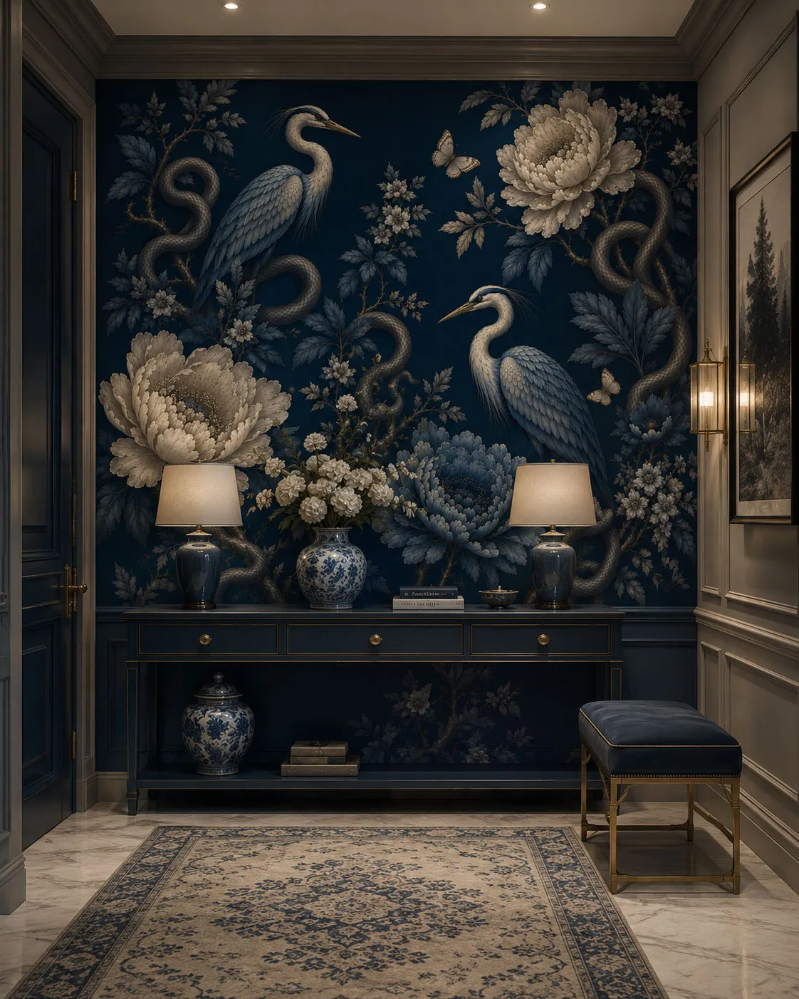 Virelia Luxury Chinoiserie Wallpaper Mural | Custom Navy Blue Heron & Peony Wall Mural