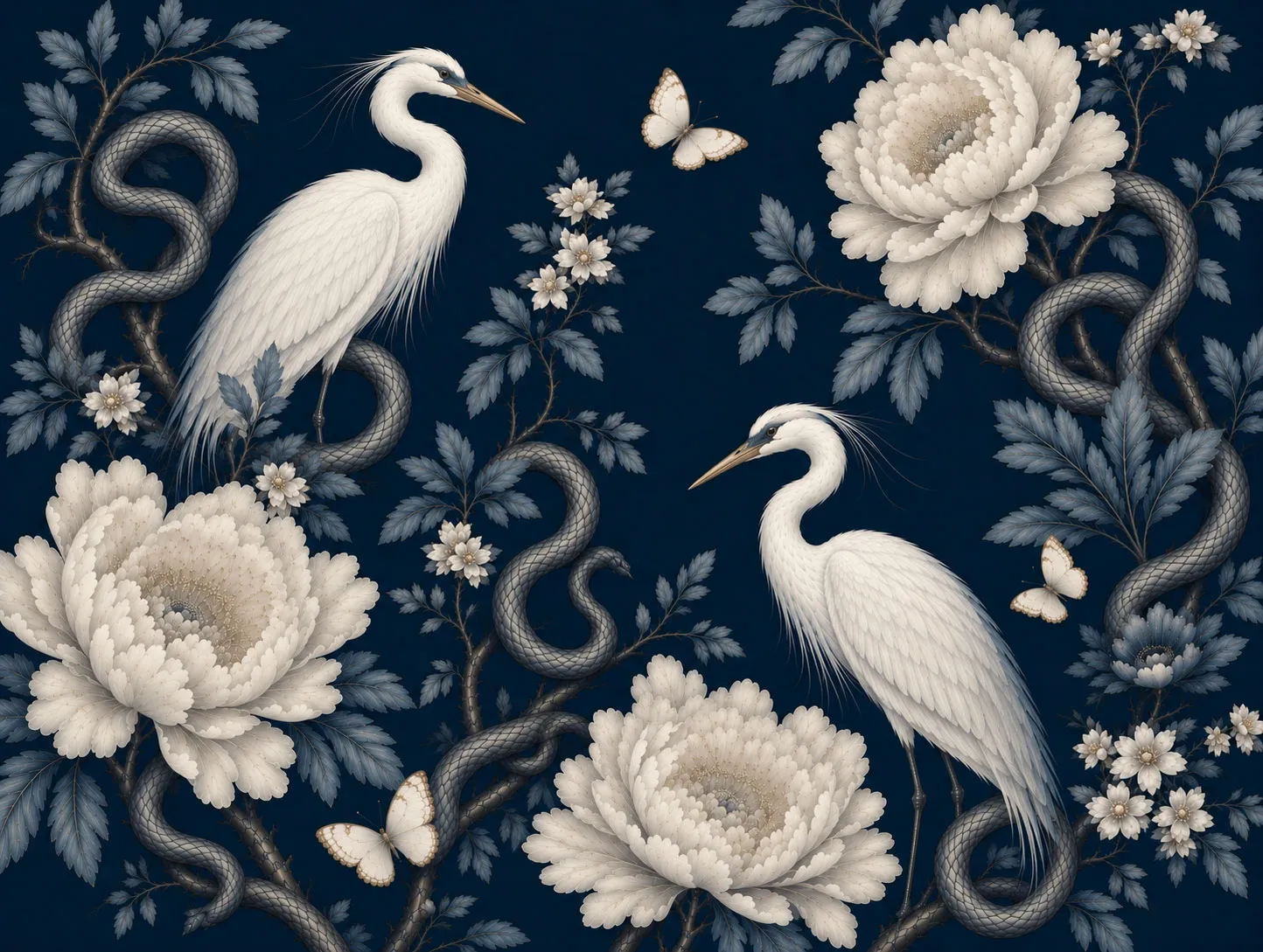 Virelia Luxury Chinoiserie Wallpaper Mural | Custom Navy Blue Heron & Peony Wall Mural