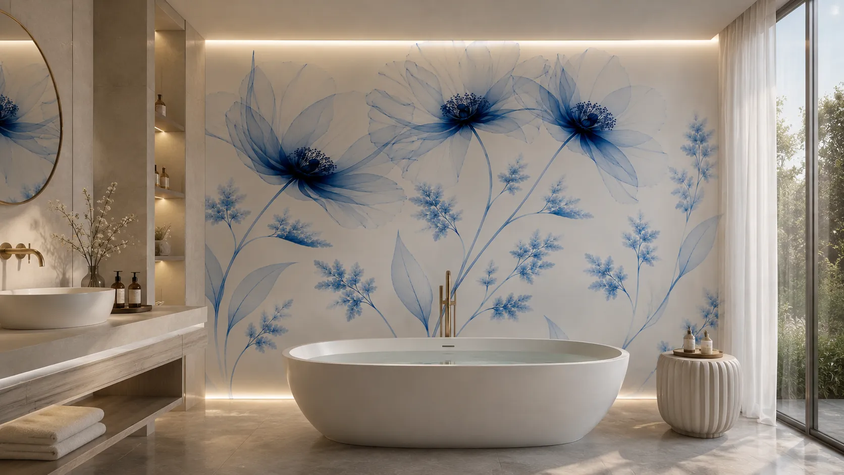 Azure Veil Blue Floral Wallpaper Mural | Elegant Botanical Wall Mural for Luxury Interiors