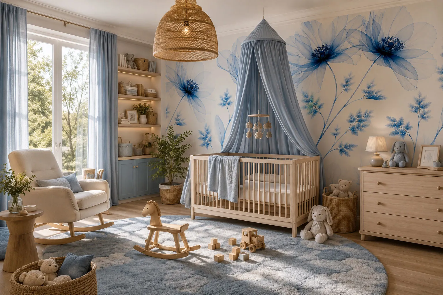 Azure Veil Blue Floral Wallpaper Mural | Elegant Botanical Wall Mural for Luxury Interiors