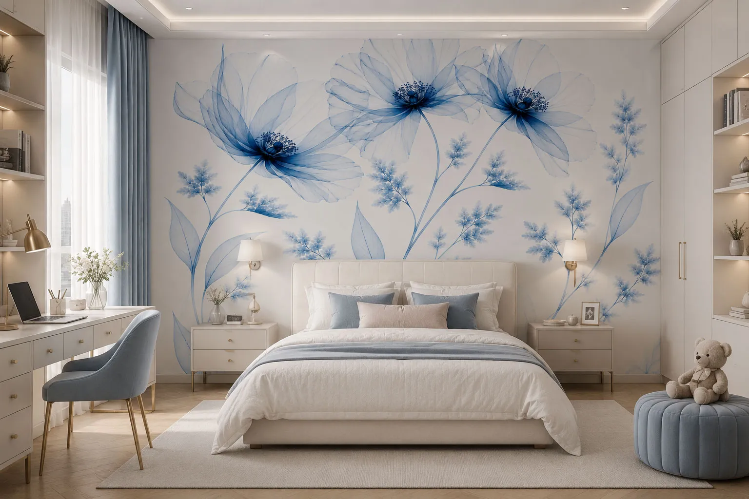 Azure Veil Blue Floral Wallpaper Mural | Elegant Botanical Wall Mural for Luxury Interiors