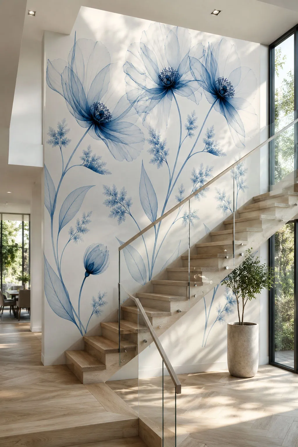 Azure Veil Blue Floral Wallpaper Mural | Elegant Botanical Wall Mural for Luxury Interiors