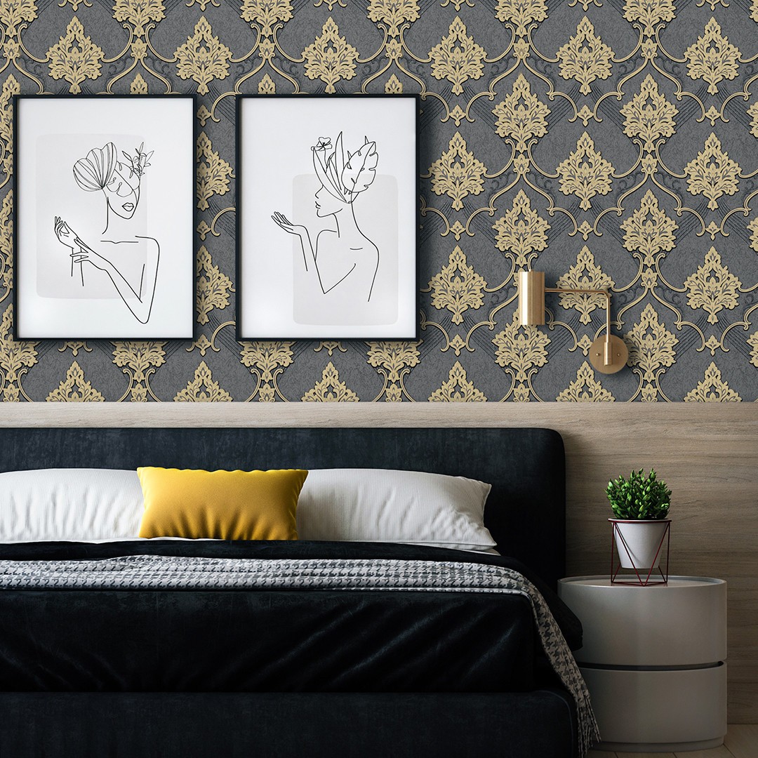 Vinyl Foam wallpaper on non-woven base Vinil ARABELLA DHV-1482/5 Gray-Black 10,05 x 1,06 m