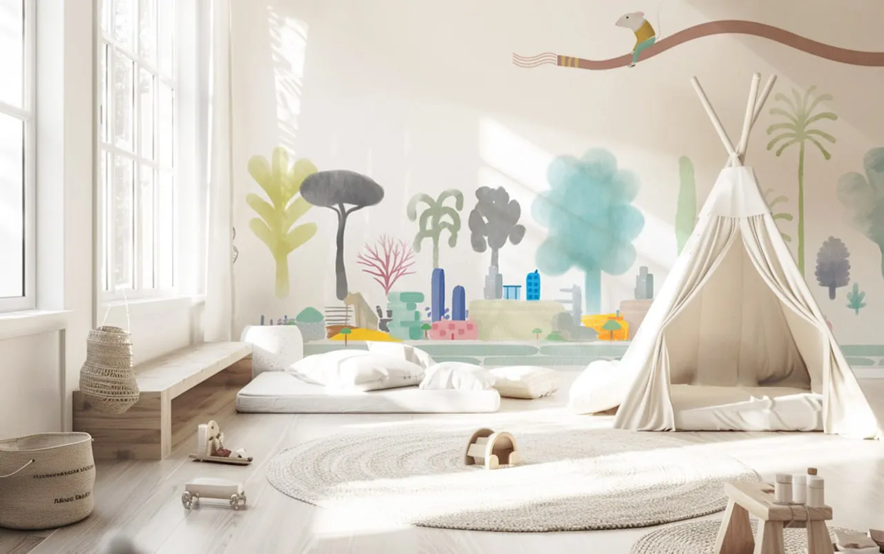 "Tommy" Kids Wallpaper – Playful Design with Mouse and Abstract Landscape